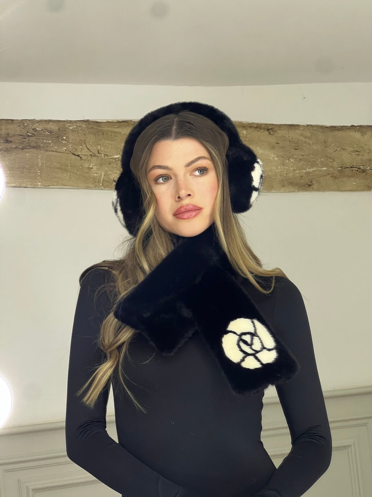 CC Rose Fur Black Ear Muffs SET with matching Fur Scarf image 3