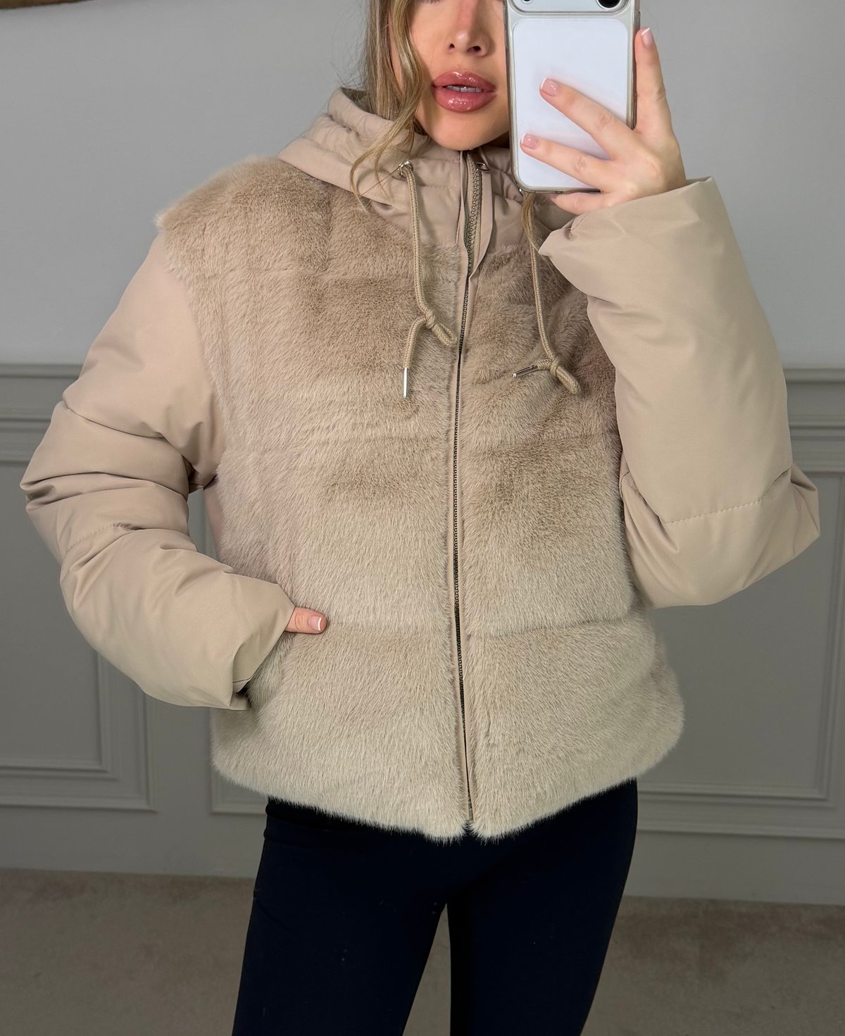 BEIGE Faux Fur Gilet Coat with Hood  image 1
