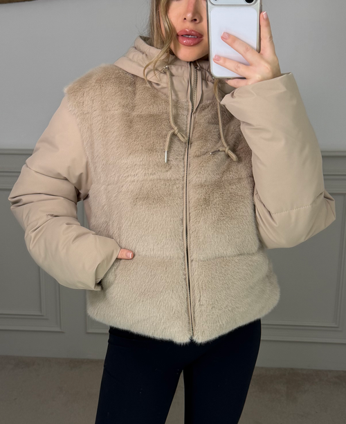 BEIGE Faux Fur Gilet Coat with Hood  image 1