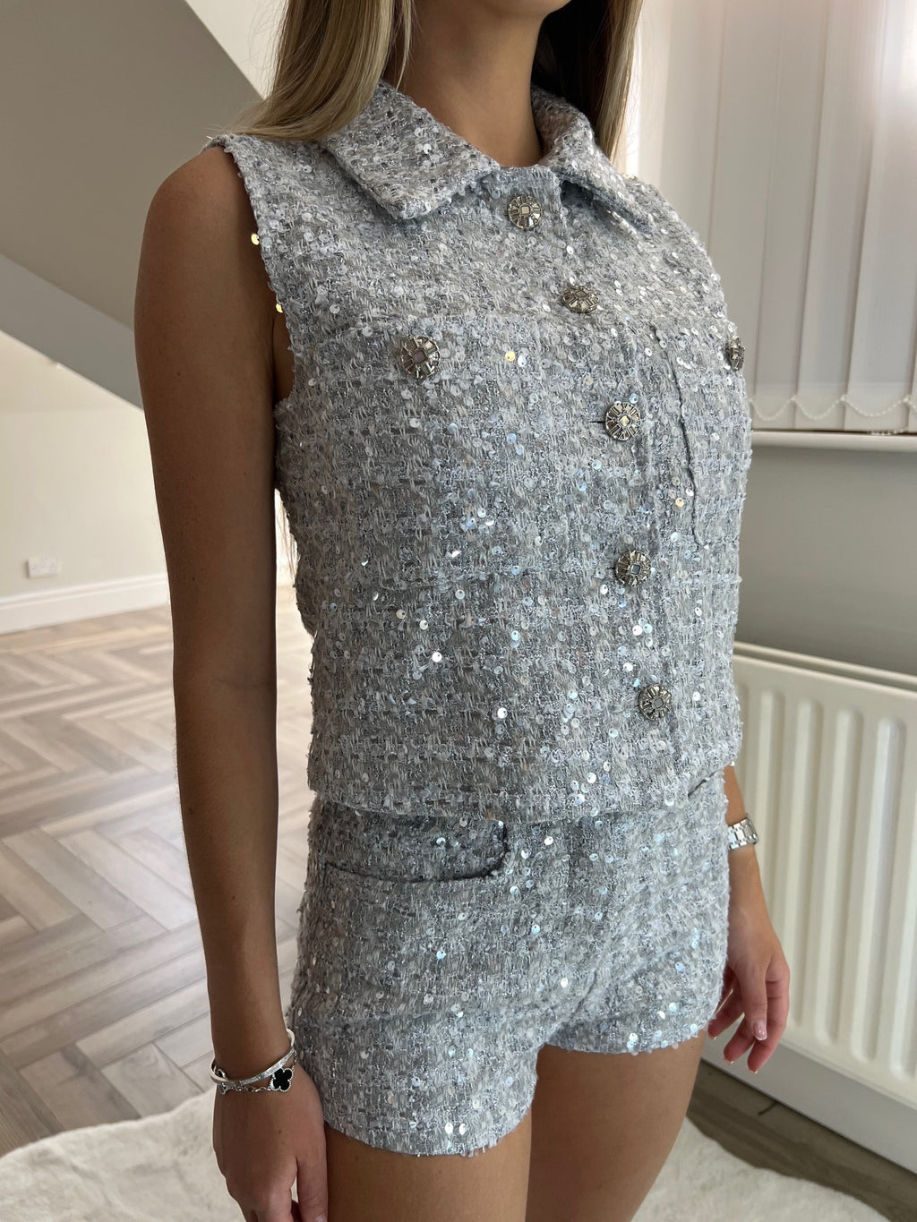  CC Sequin Silver Tweed Short & Waistcoat Set image 0