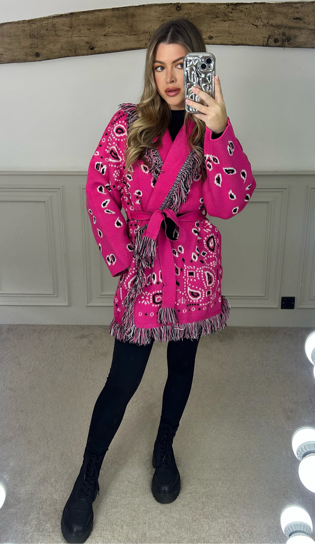 BANDANA Fuchsia Pink Wool Blend Cardigan with Fringe & Belt image 3