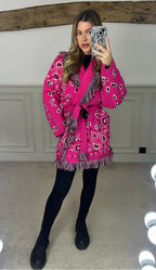 BANDANA Fuchsia Pink Wool Blend Cardigan with Fringe & Belt image 3