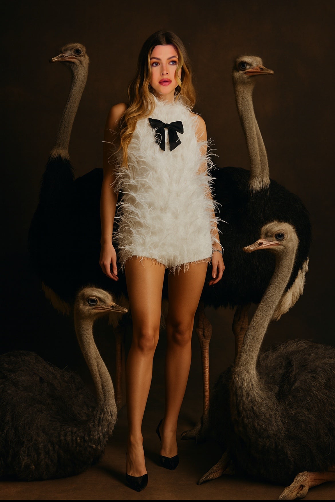White Ostrich Feather Two Piece with Black Bow  image 10