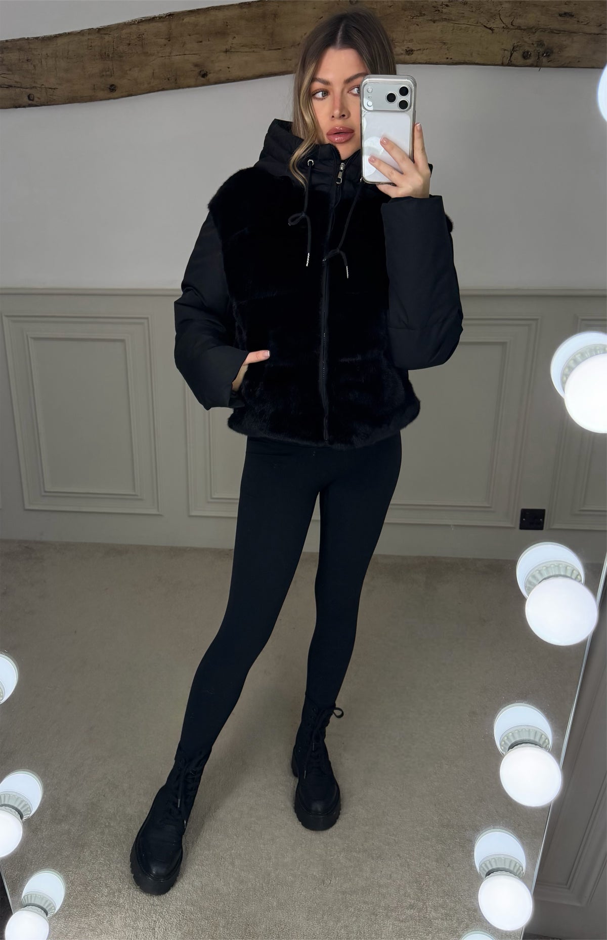 BLACK Faux Fur Gilet Coat with Hood  image 0