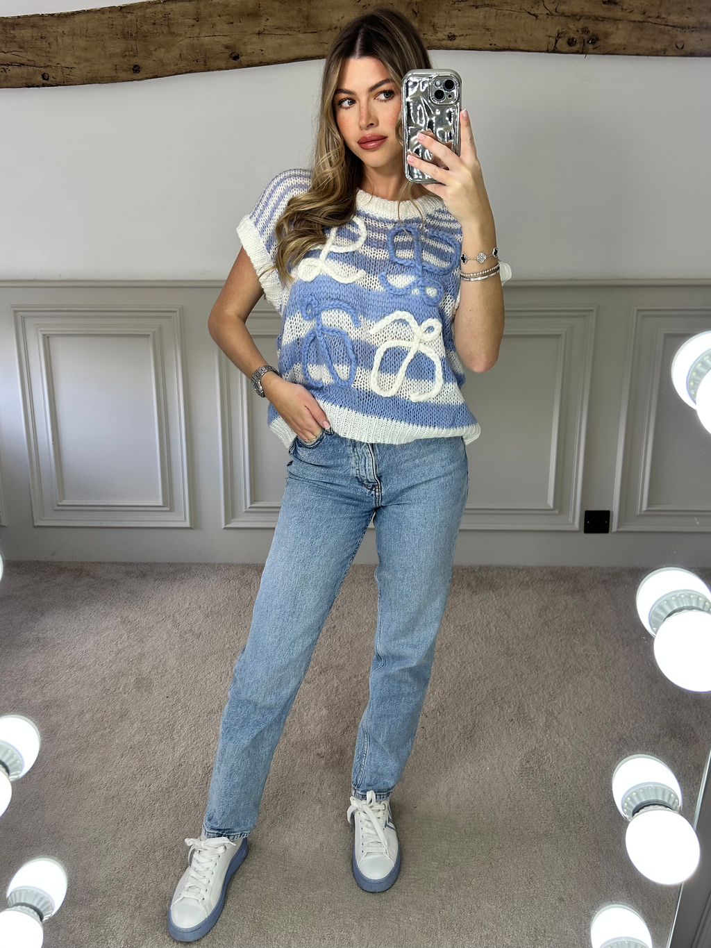 LOE Blue Knit Striped Sleeveless Jumper image 3