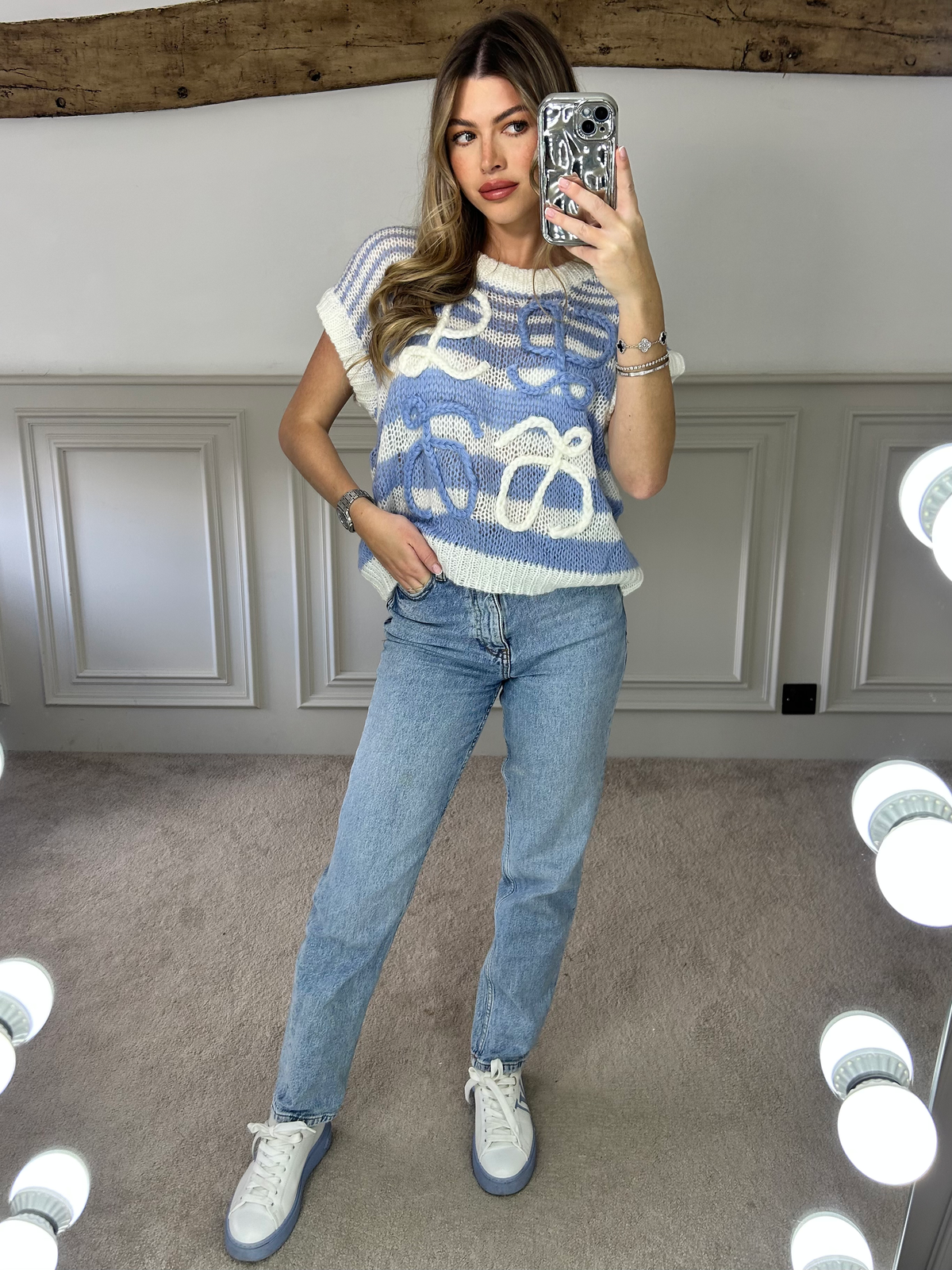 LOE Blue Knit Striped Sleeveless Jumper image 3