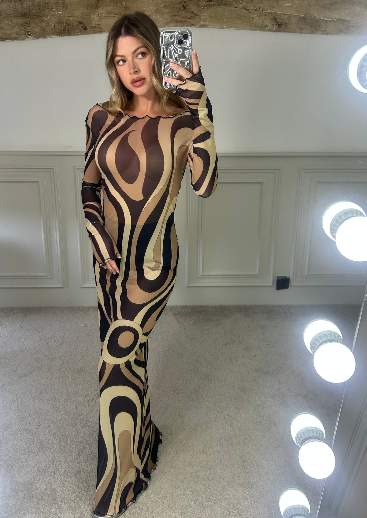 EMILIO Coffee Long Sleeve Mesh Dress image 3
