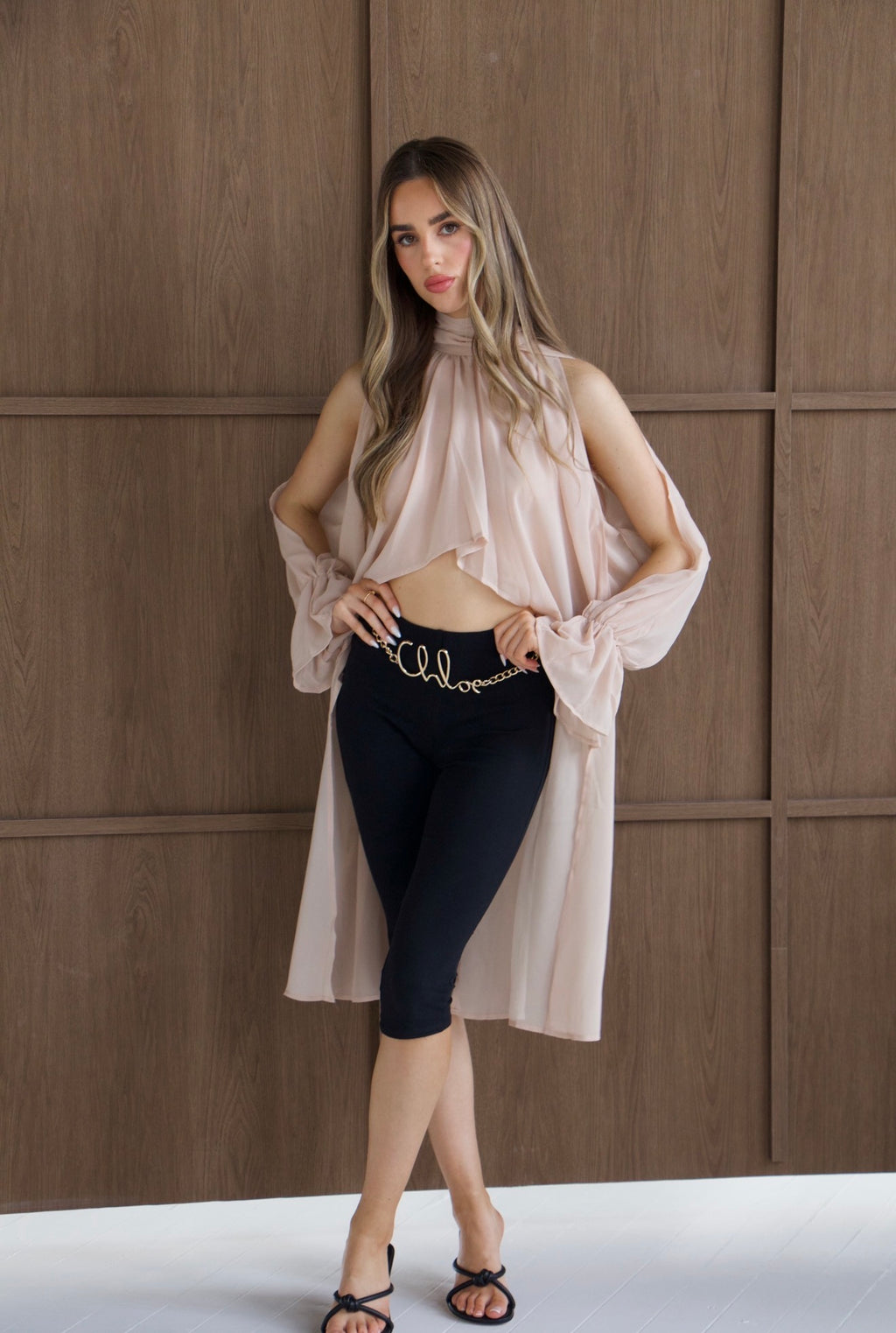 CHLO Beige High Neck Draped Blouse