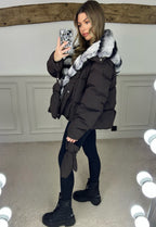 Brown Puffer Coat & Gloves with Rabbit Fur Hood - LIMITED image 1