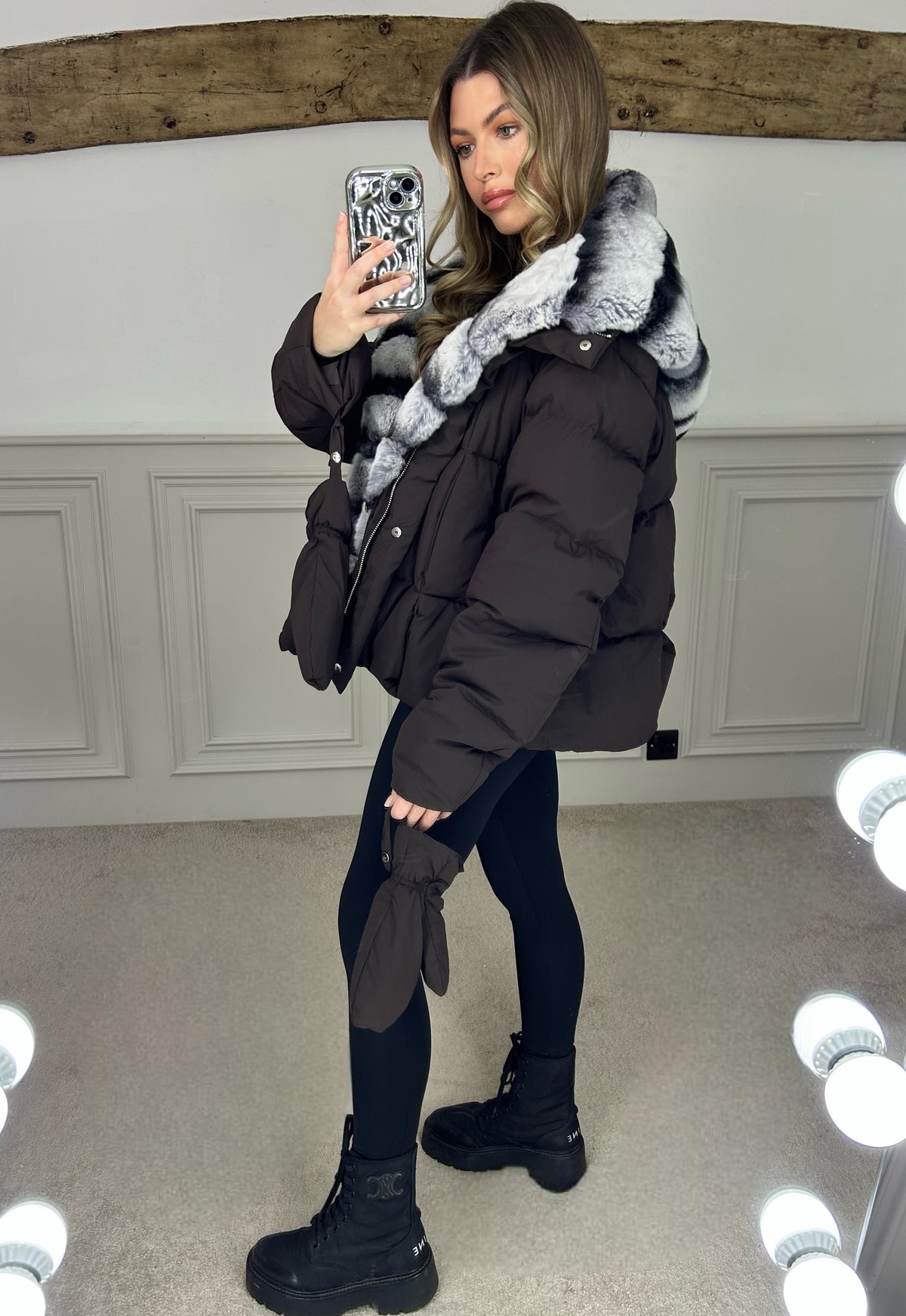 Brown Puffer Coat & Gloves with Rabbit Fur Hood - LIMITED image 1