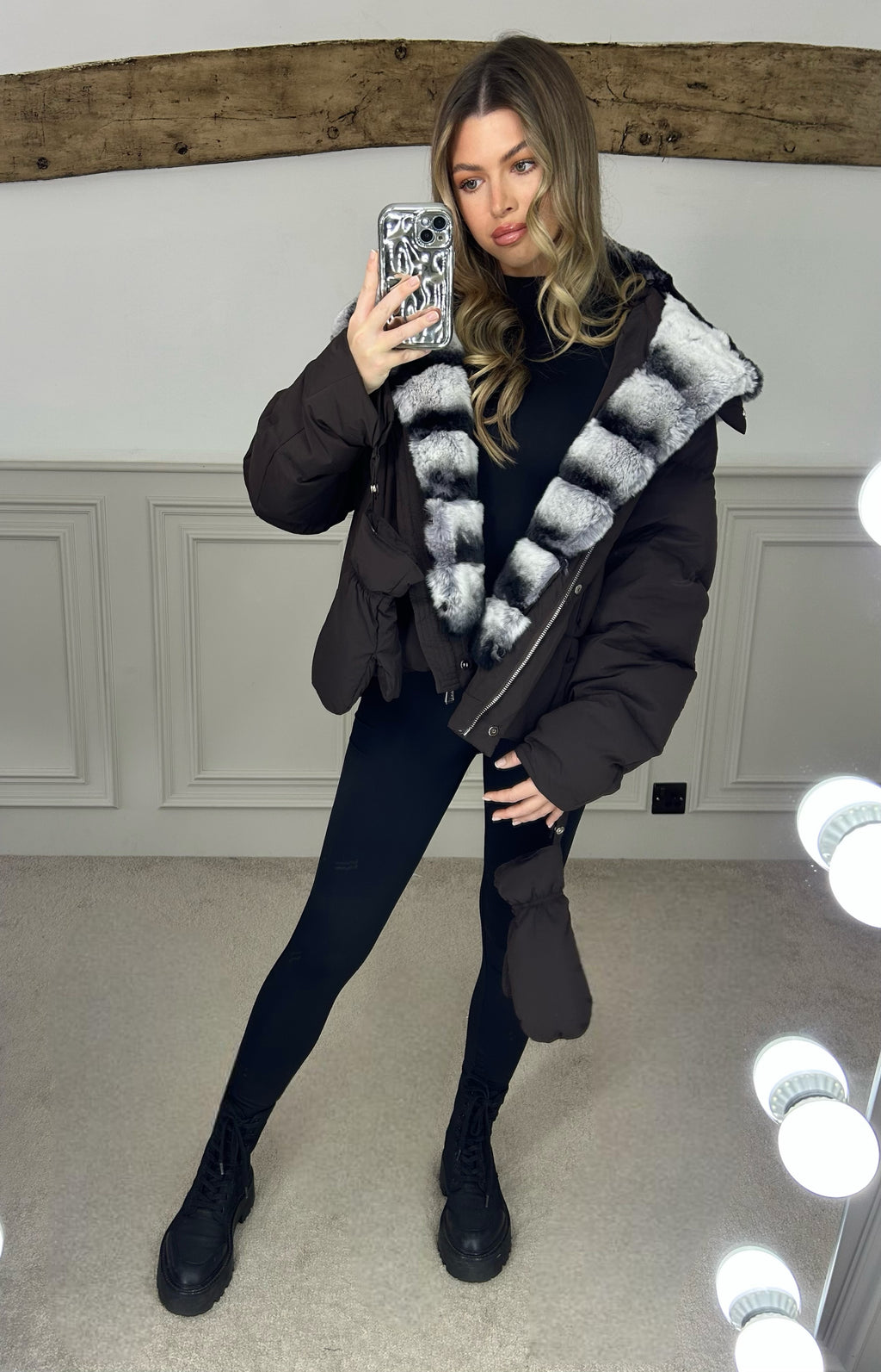 Brown Puffer Coat & Gloves with Rabbit Fur Hood - LIMITED image 4