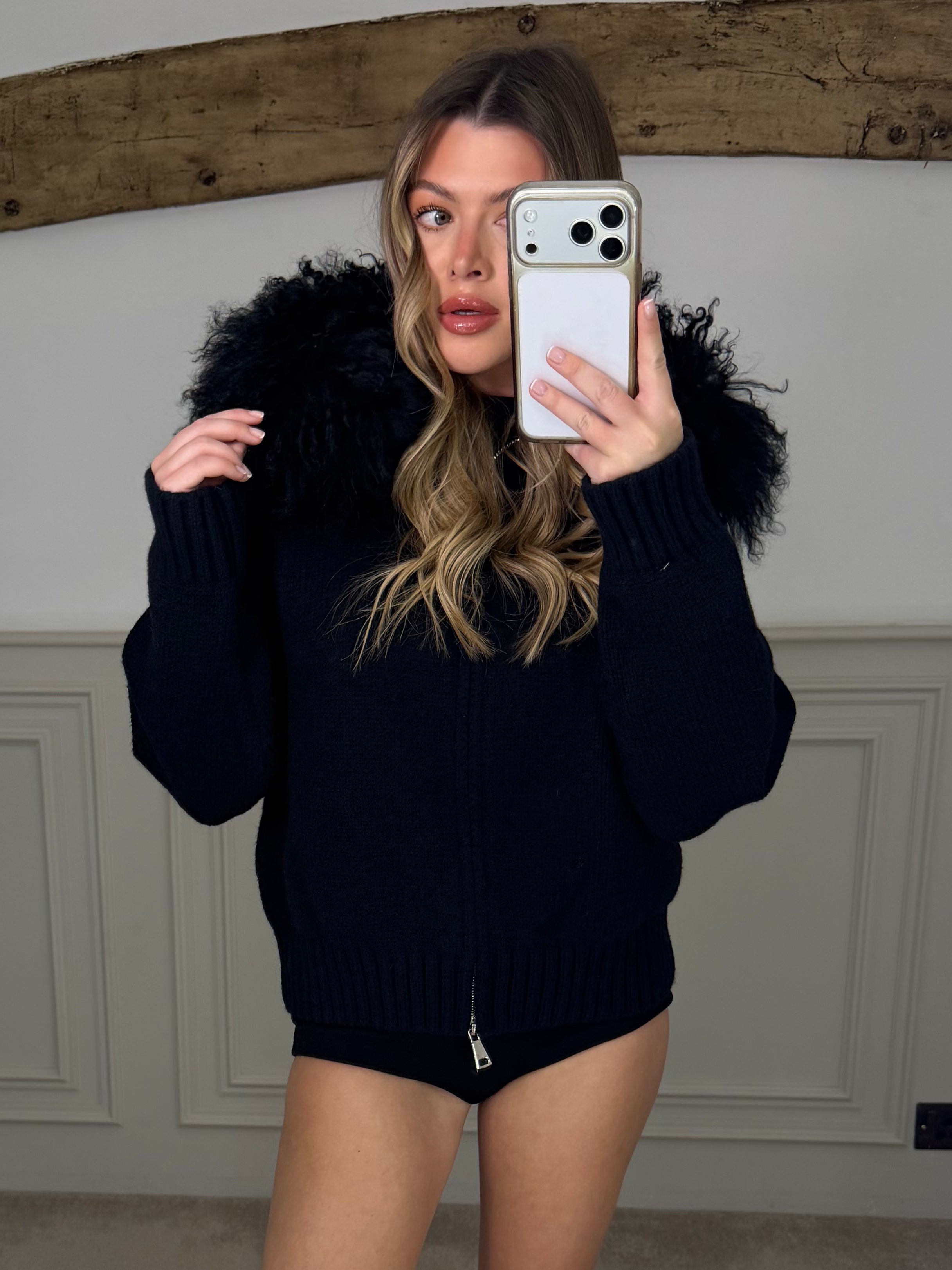 Mongolian Luxury Fur Black Knit Hooded Cardigan Jacket image 3