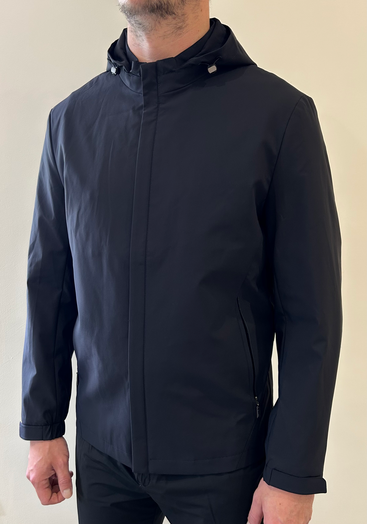 MENS Seamless Dark Navy Waterproof Windbreaker Jacket with Removable Hood image 1