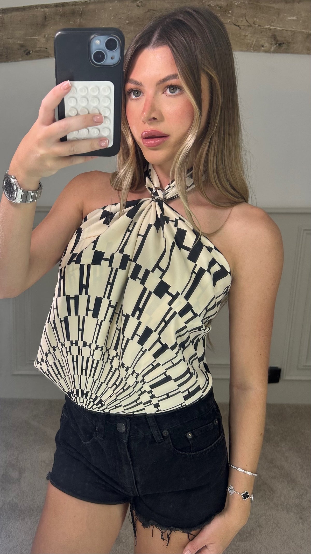 H Beige & Black Print Silk 90cm Scarf Top image 0