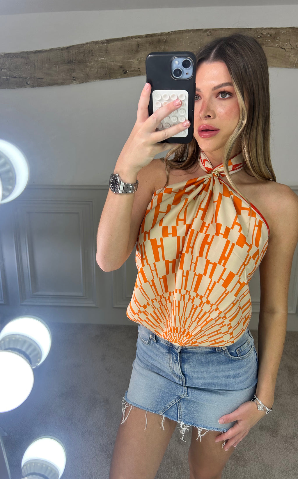 H Orange Print Silk 90cm Scarf Top image 1