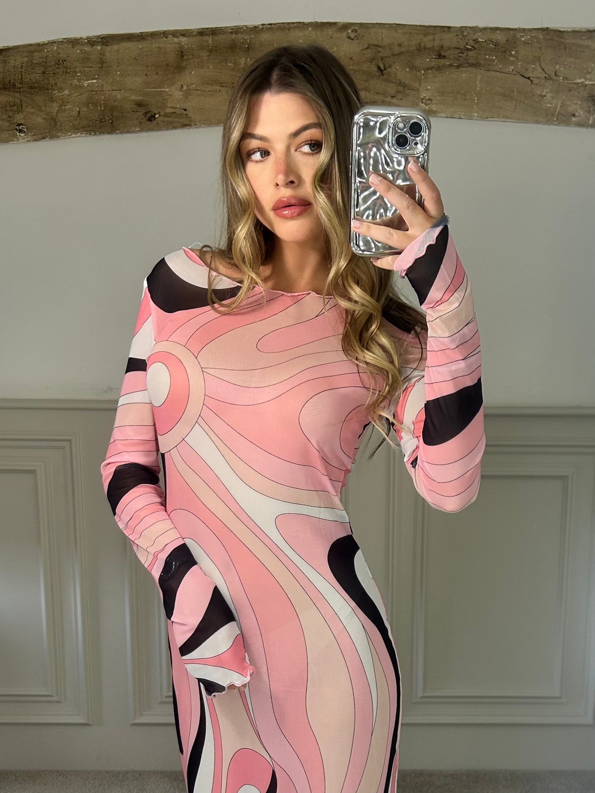 EMILIO Peach Long Sleeve Mesh Dress image 2