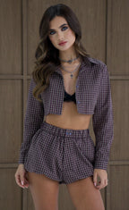 TARTAN Brown Mauve Poplin Puffball Shorts with Matching Cropped Set