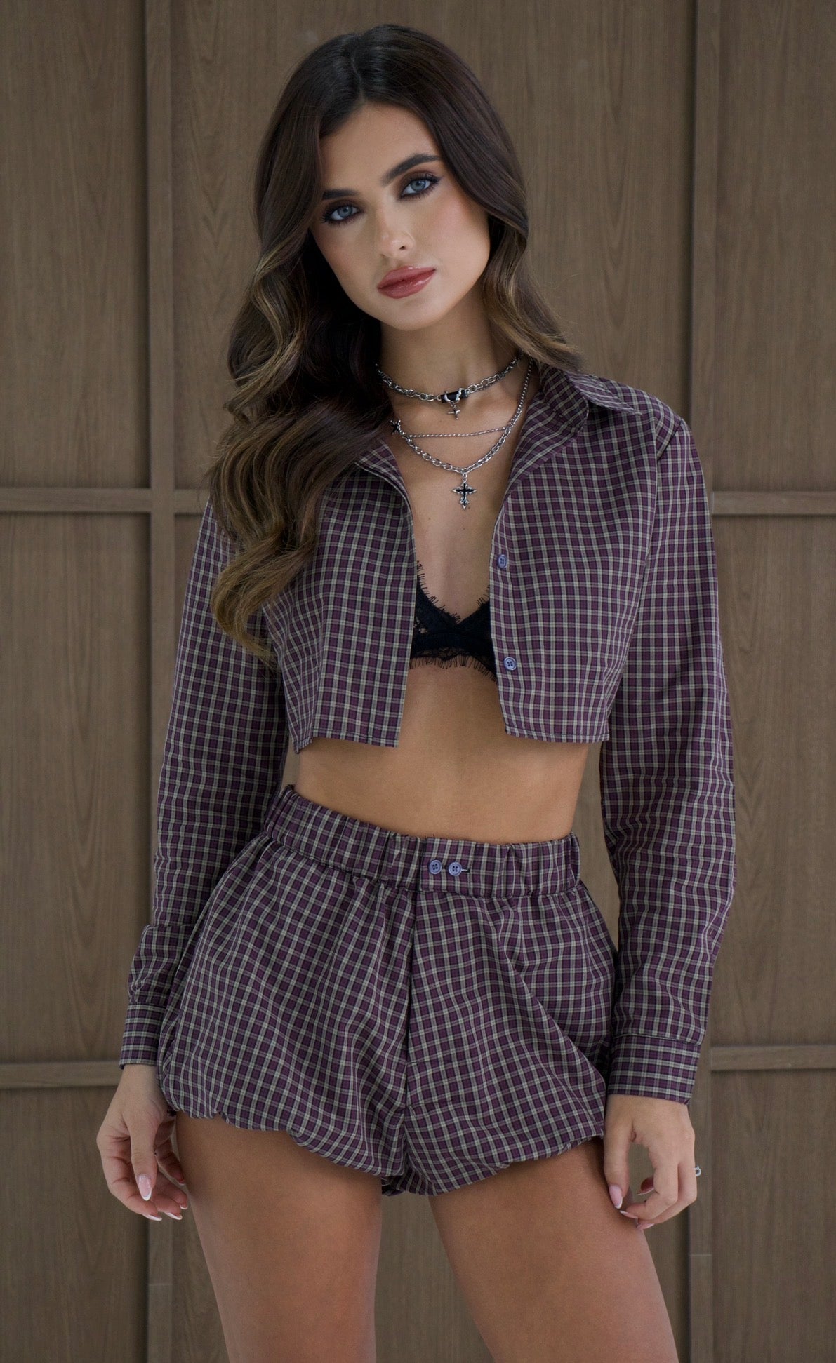 TARTAN Brown Mauve Poplin Puffball Shorts with Matching Cropped Set