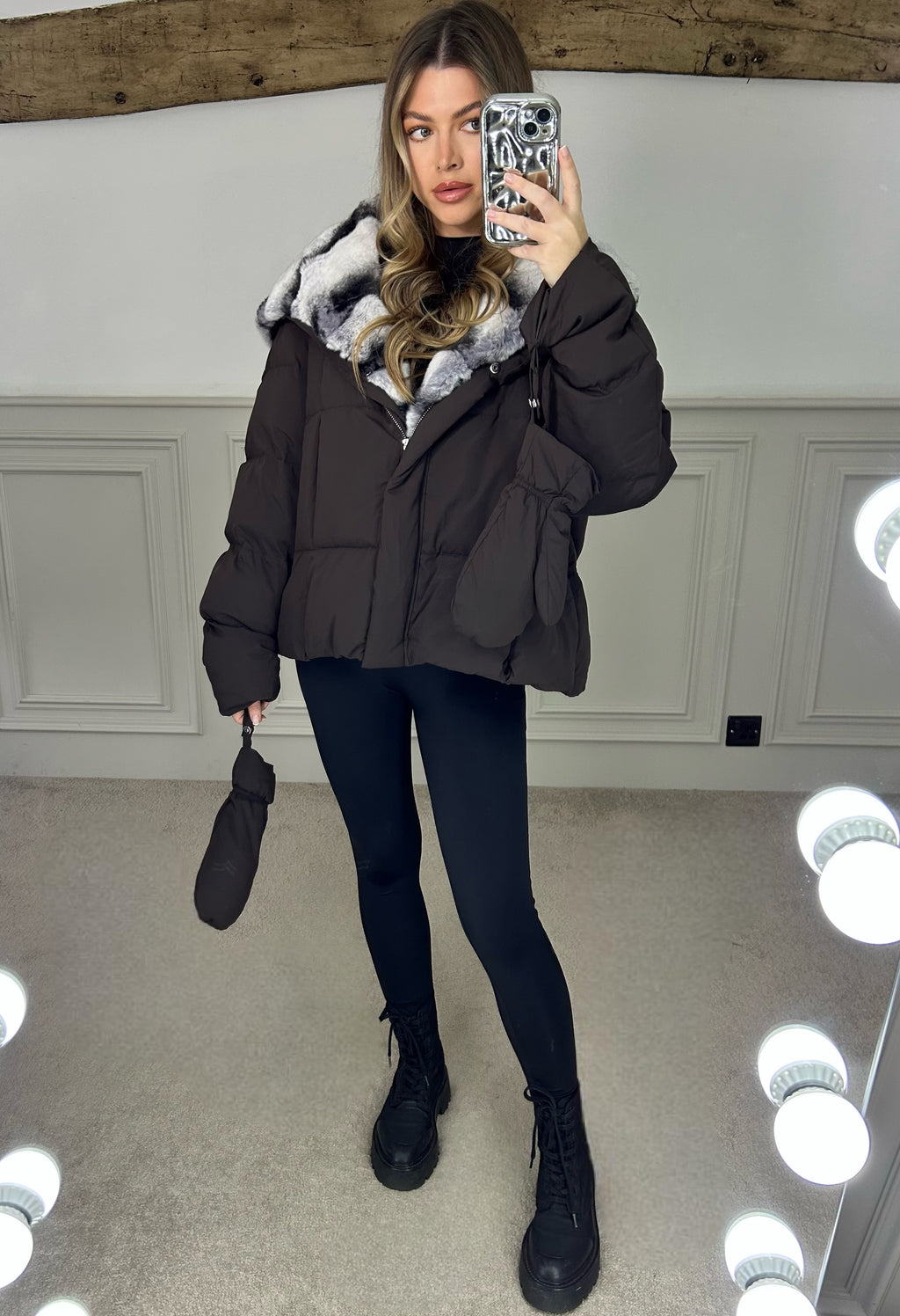 Brown Puffer Coat & Gloves with Rabbit Fur Hood - LIMITED image 2