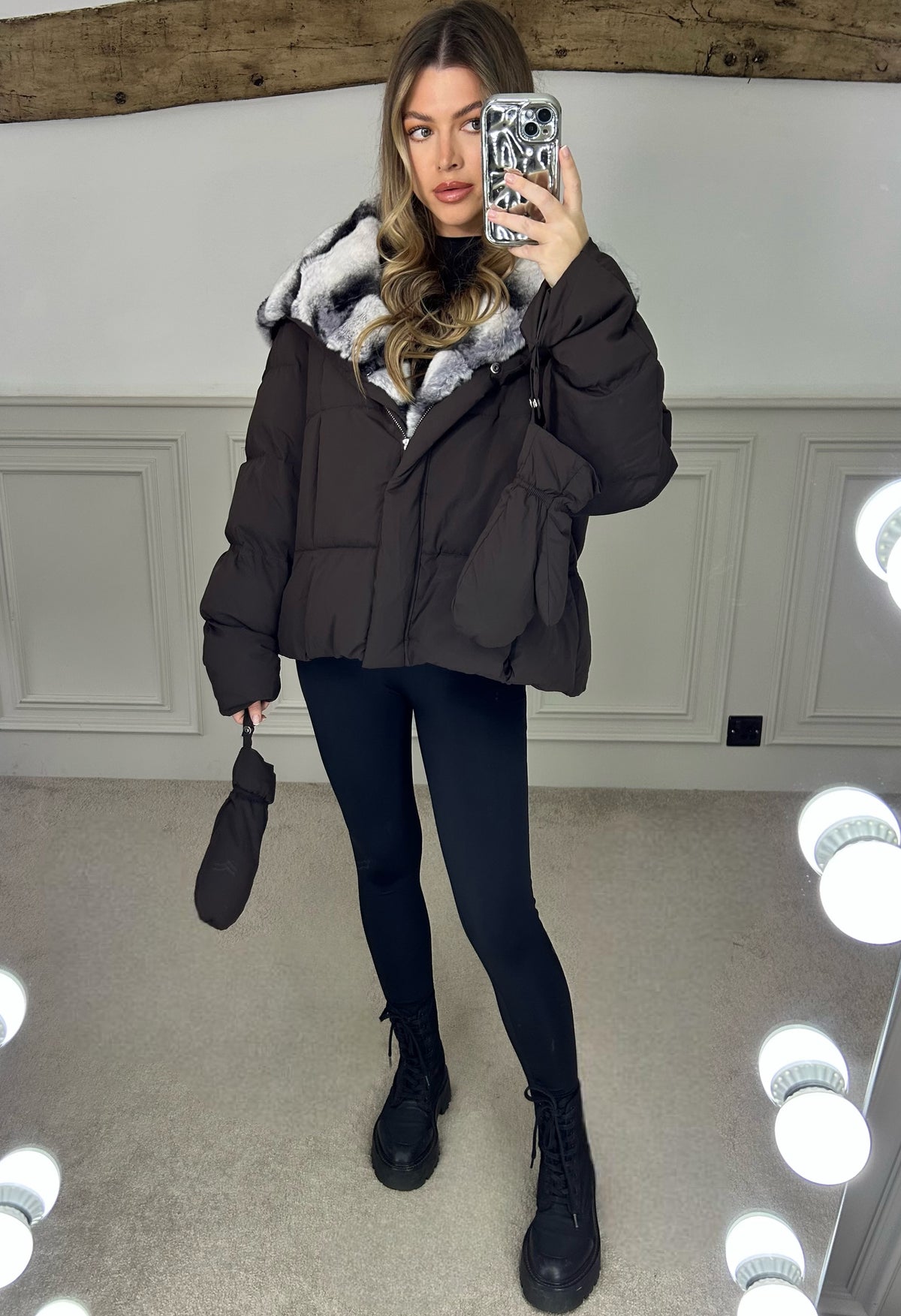 Brown Puffer Coat & Gloves with Rabbit Fur Hood - LIMITED image 2