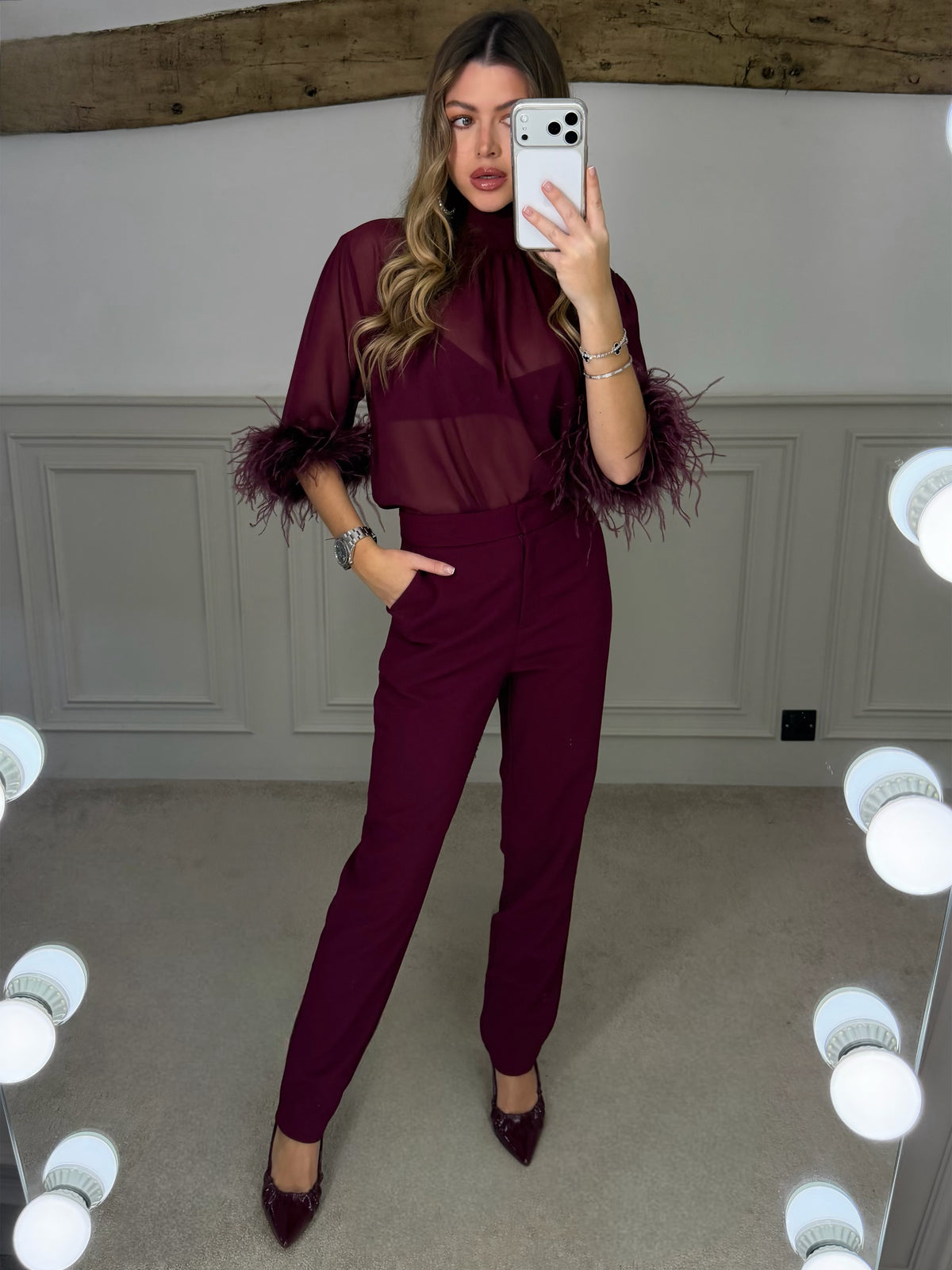 Burgundy Suit Trousers Trimmed Fitted Trousers  image 0