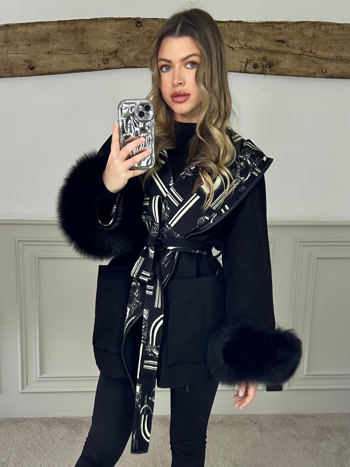 H Black & White Chain Wrap Over Jacket with Leather Trimmed Hood - LIMITED image 1