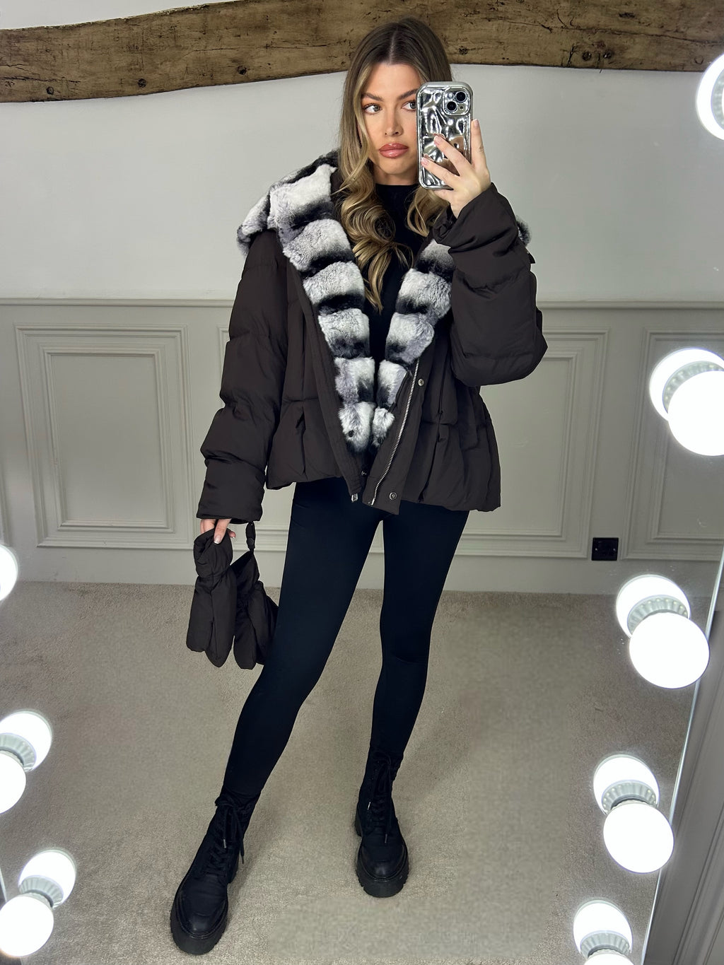 Brown Puffer Coat & Gloves with Rabbit Fur Hood - LIMITED image 0