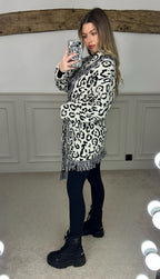 Leopard Black & White Wool Blend Cardigan with Fringe & Belt image 1