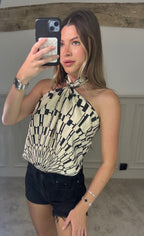 H Beige & Black Print Silk 90cm Scarf Top image 1