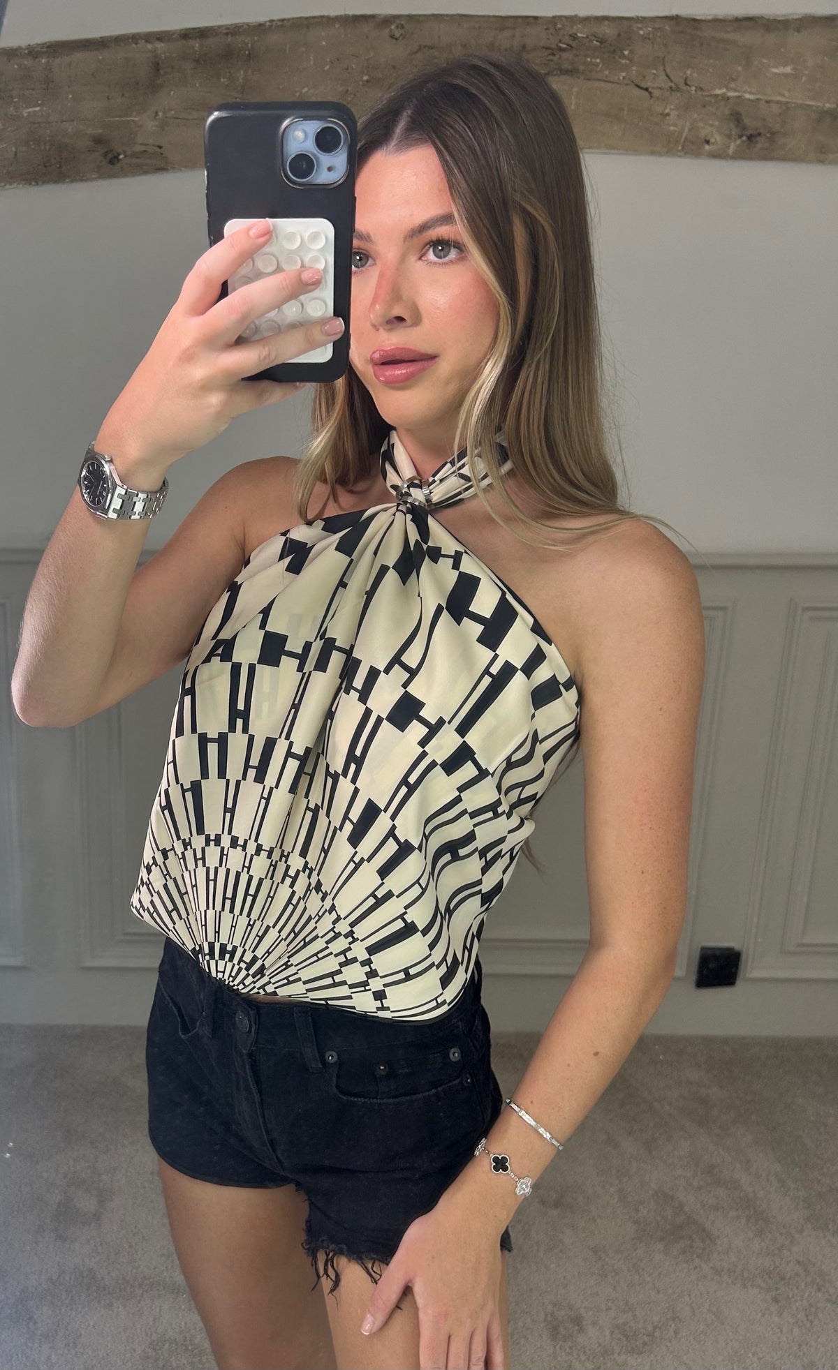 H Beige & Black Print Silk 90cm Scarf Top image 1