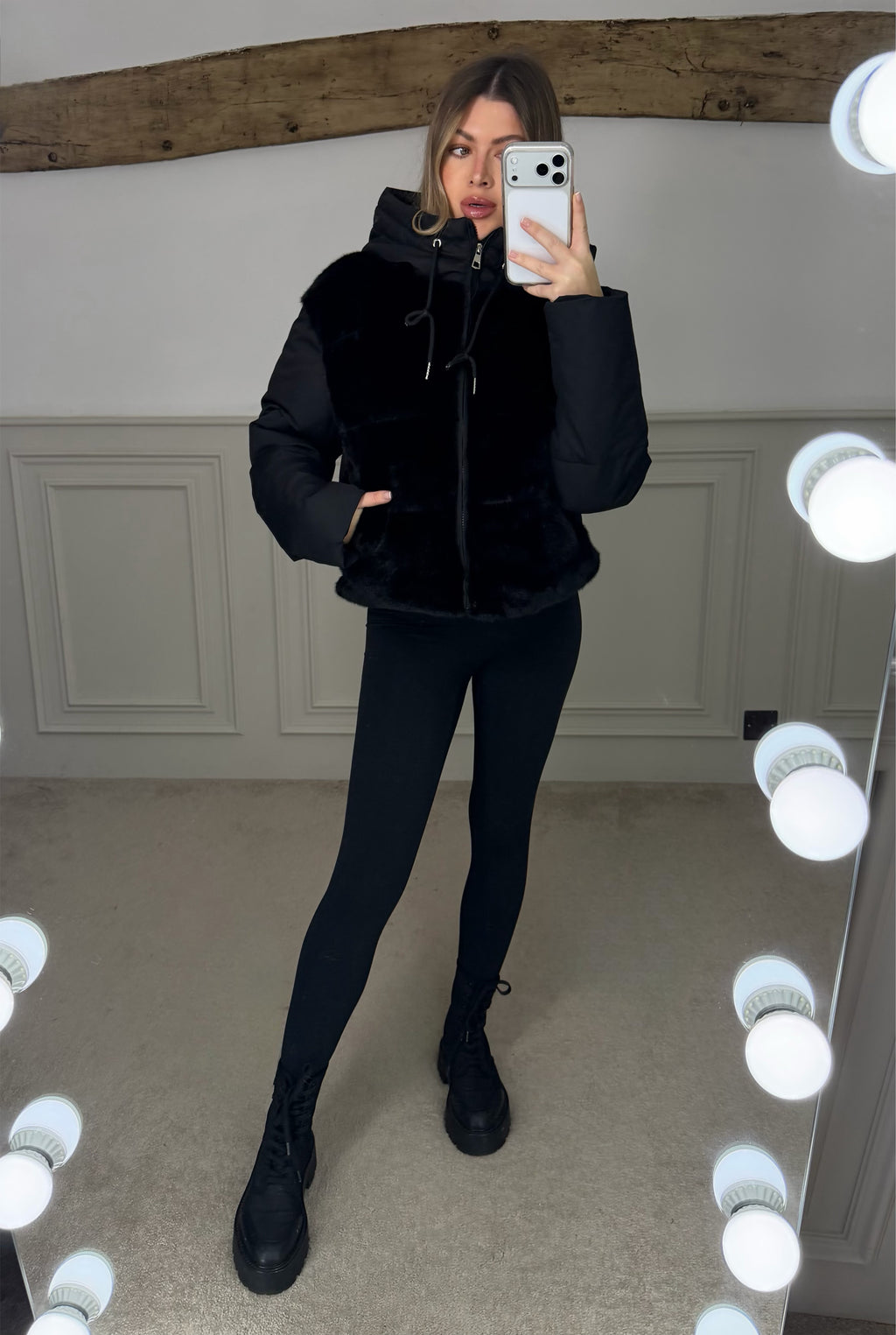 BLACK Faux Fur Gilet Coat with Hood  image 2