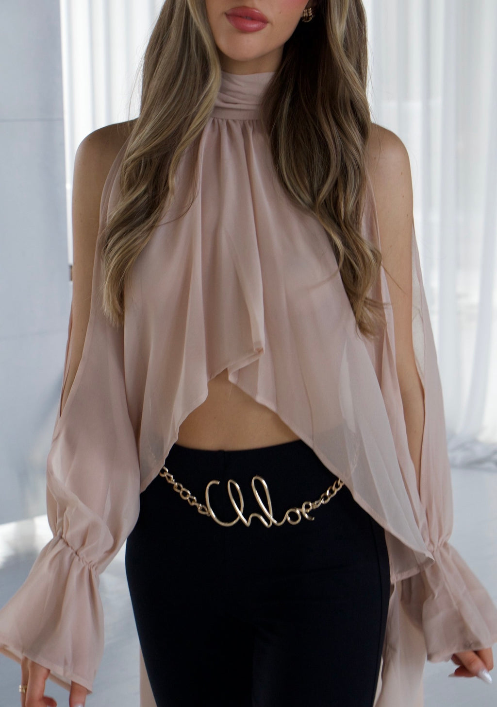 CHLO Beige High Neck Draped Blouse