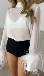 White High Neck Blouse with Ostrich Feather Cuffs image 7