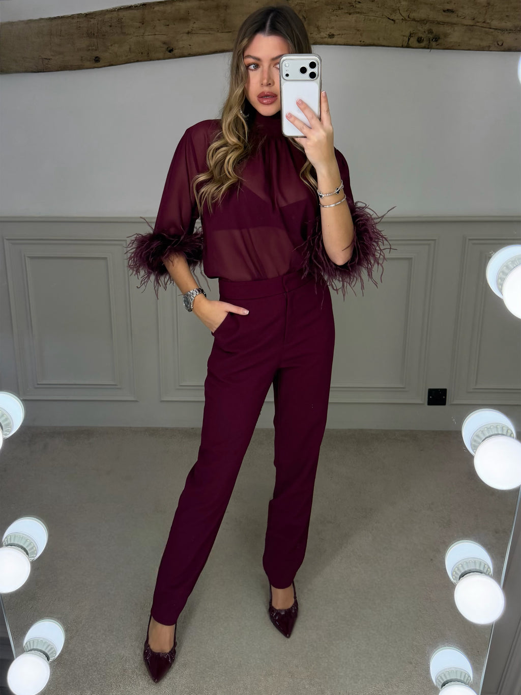 SAINT Burgundy Blouse with Ostrich Feather Cuffs  image 6