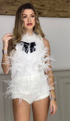 White Ostrich Feather Two Piece with Black Bow  image 1