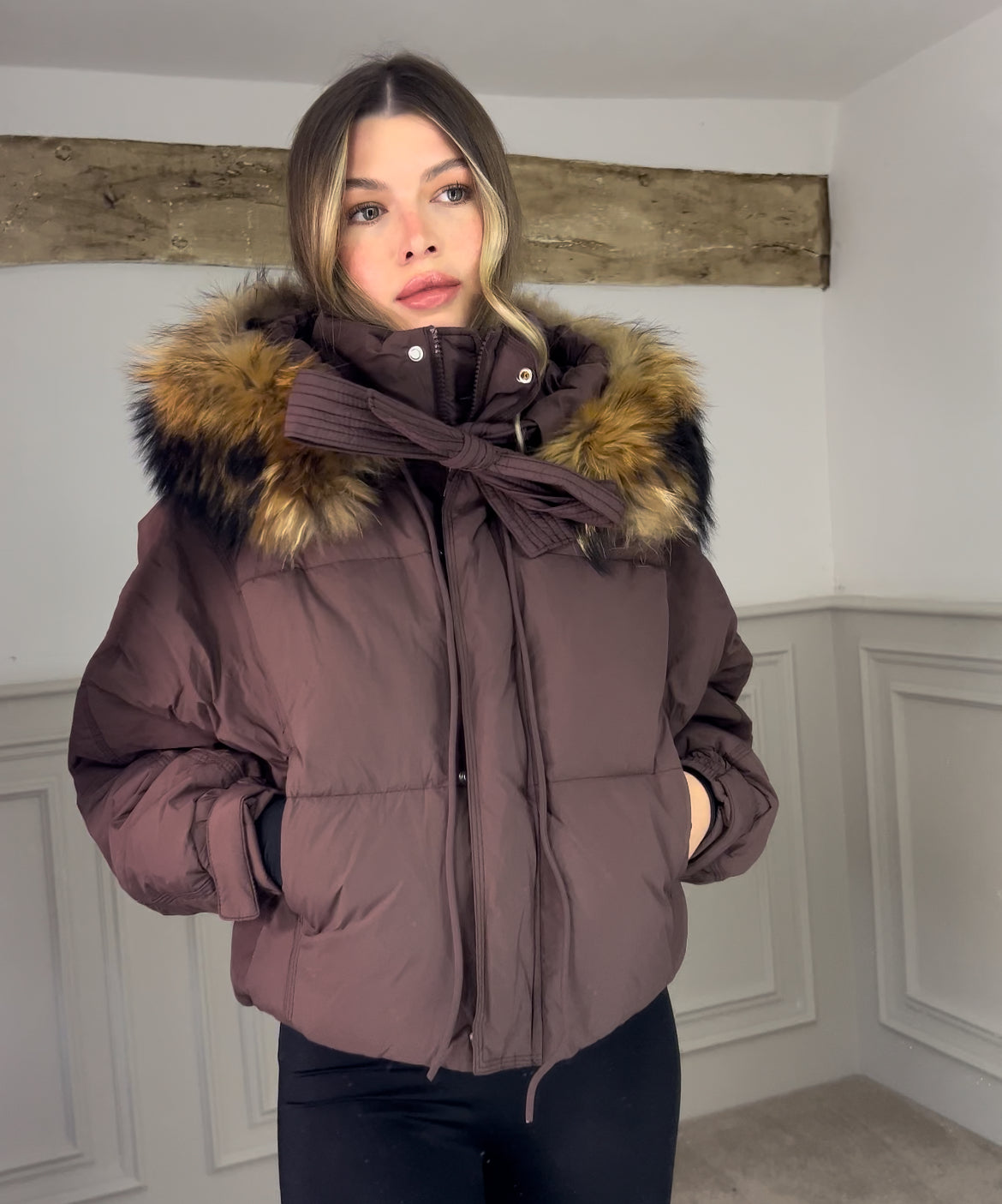 Brown Fox Fur Coat with Bow Tie image 2