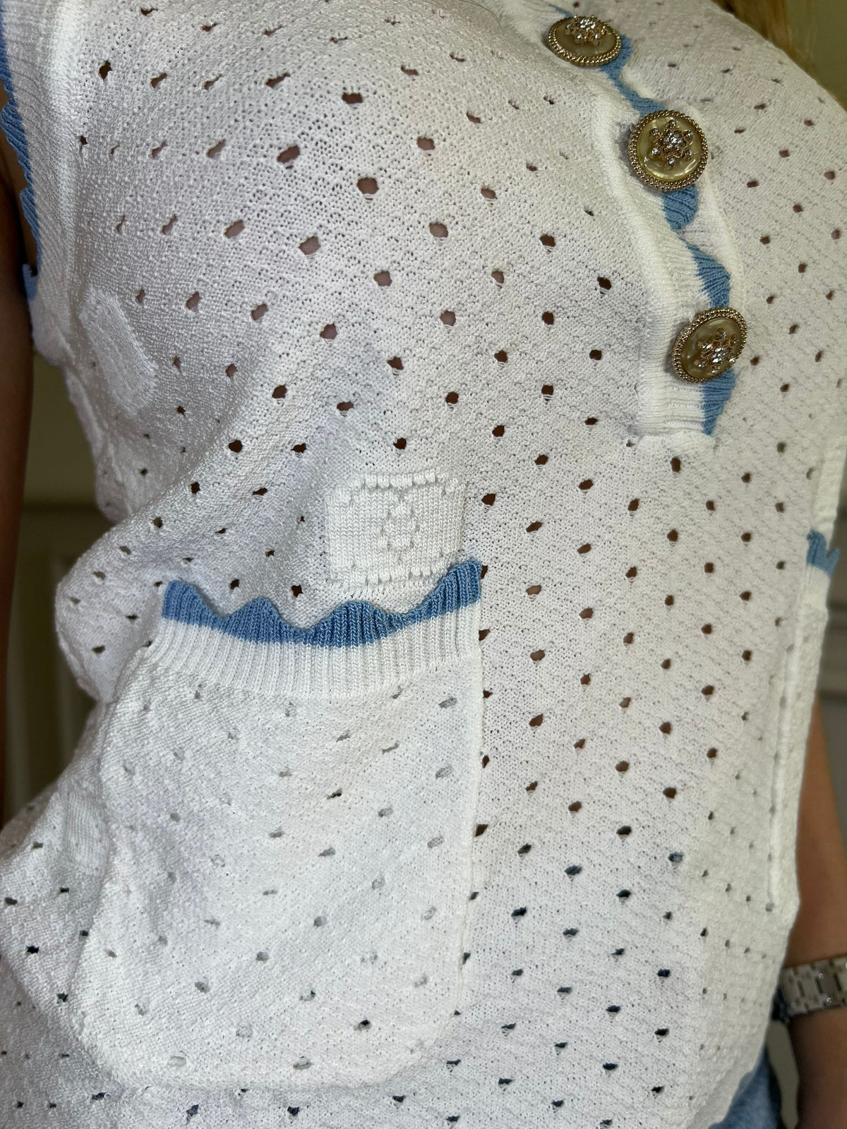 CC Gold Button White & Blue Vest Top  image 2