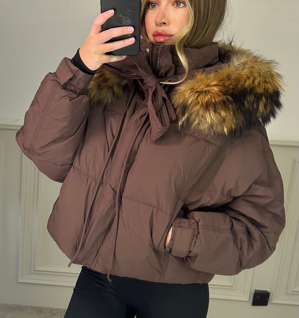 Brown Fox Fur Coat with Bow Tie image 5
