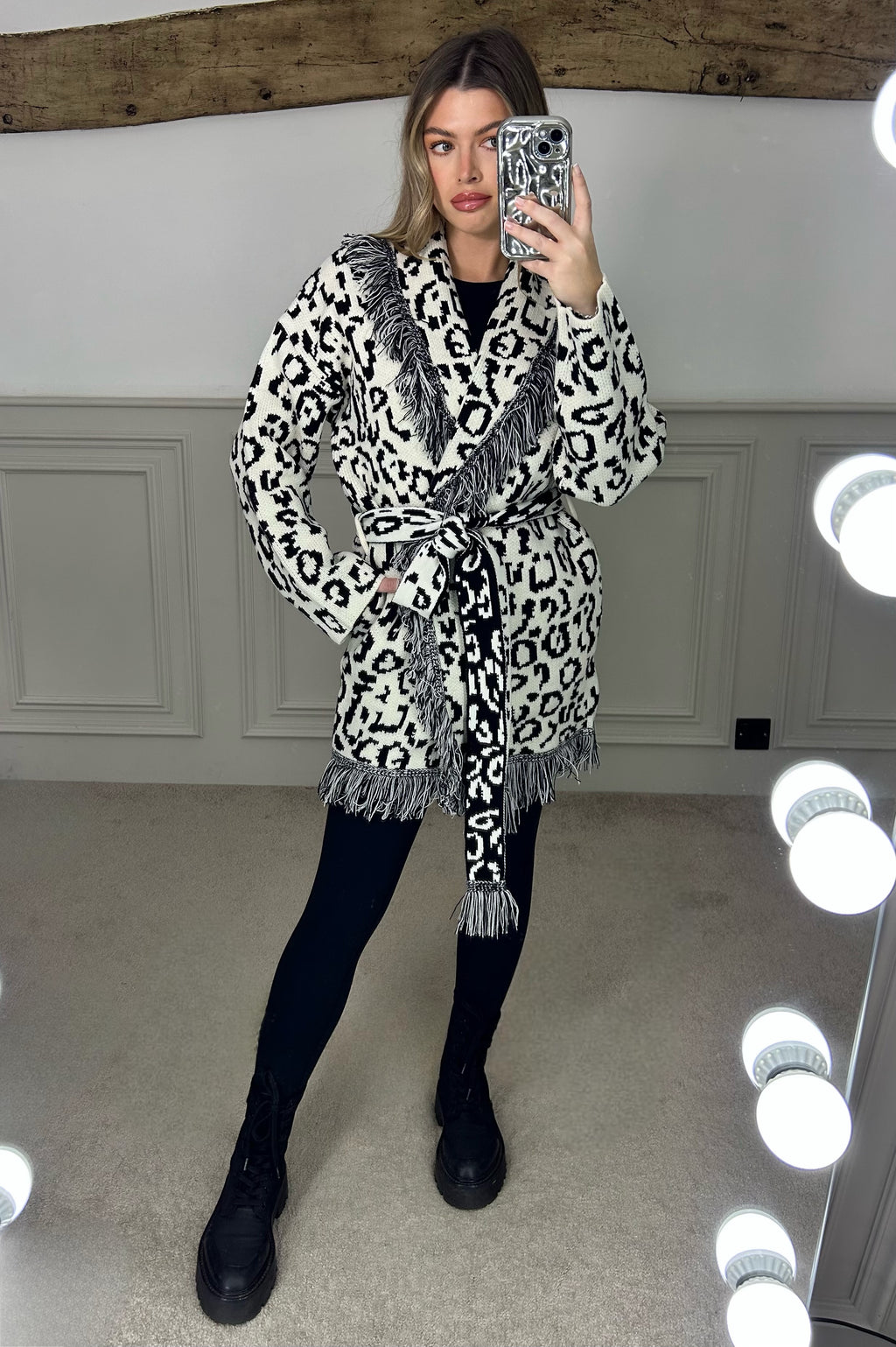 Leopard Black & White Wool Blend Cardigan with Fringe & Belt image 2