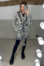 Leopard Black & White Wool Blend Cardigan with Fringe & Belt image 2