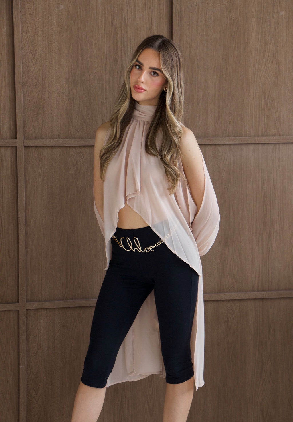 CHLO Beige High Neck Draped Blouse