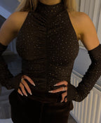 PERRY Brown Diamonte Halter Neck Body Suit with Matching Sleeves image 1