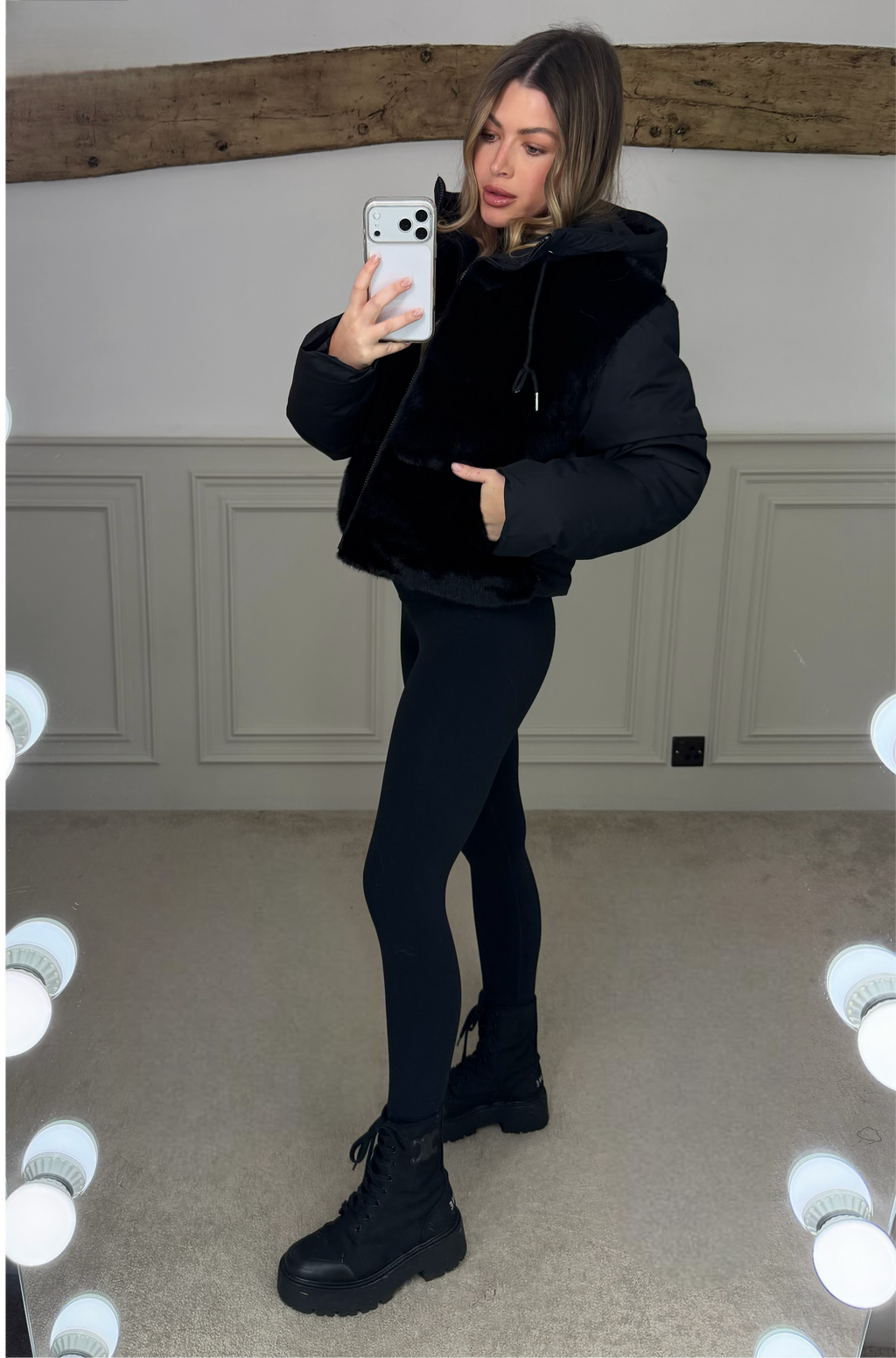 BLACK Faux Fur Gilet Coat with Hood  image 1