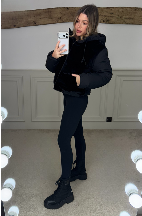 BLACK Faux Fur Gilet Coat with Hood  image 1