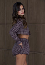 TARTAN Brown Mauve Poplin Puffball Shorts with Matching Cropped Set