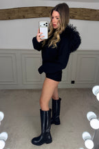 Mongolian Luxury Fur Black Knit Hooded Cardigan Jacket image 2
