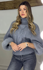 Polar Neck Grey Knitted Poncho Jumper with Faux Fur Cuffs  image 1
