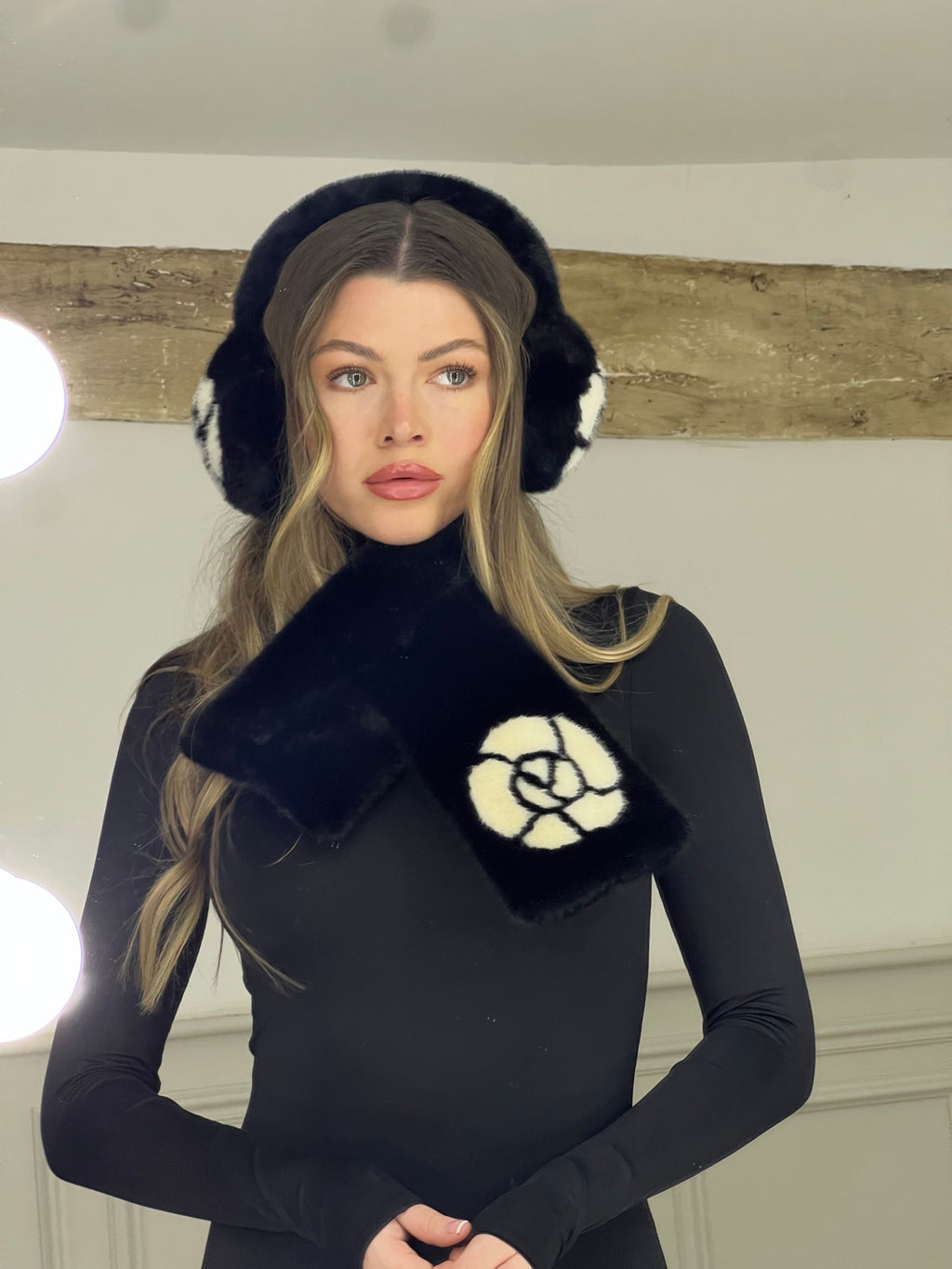 CC Rose Fur Black Ear Muffs SET with matching Fur Scarf image 0