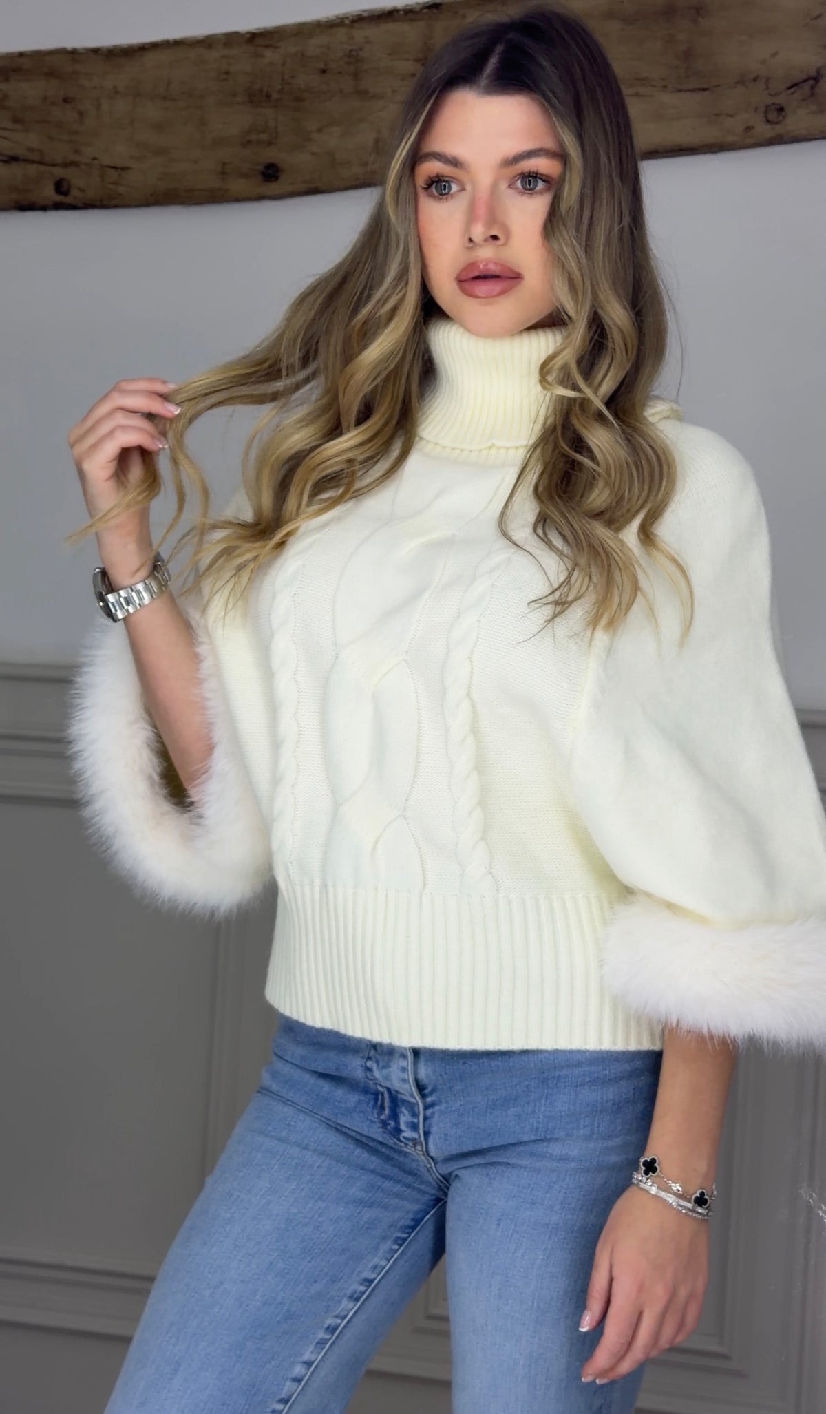Polar Neck Cream Knitted Poncho Jumper with Faux Fur Cuffs  image 2