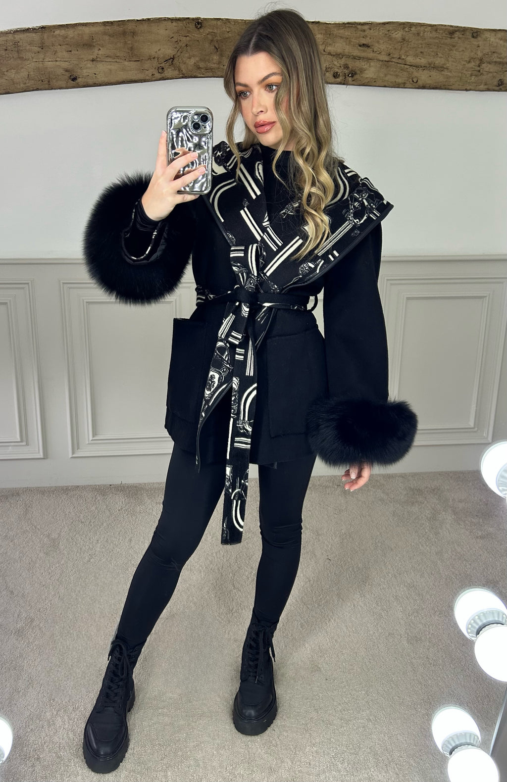 H Black & White Chain Wrap Over Jacket with Leather Trimmed Hood - LIMITED image 0